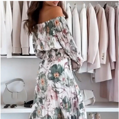 💖Floral Print Off-Shoulder Top &💖 Maxi Skirt Two-Piece Set