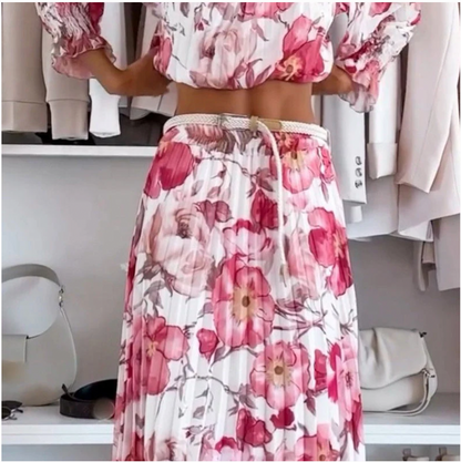 💖Floral Print Off-Shoulder Top &💖 Maxi Skirt Two-Piece Set