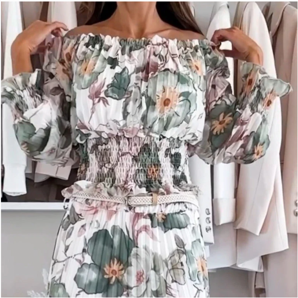 💖Floral Print Off-Shoulder Top &💖 Maxi Skirt Two-Piece Set