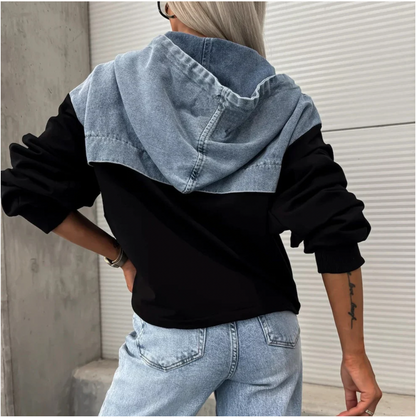 Women's Layered Hoodie Denim Jacket with Drawstring📣