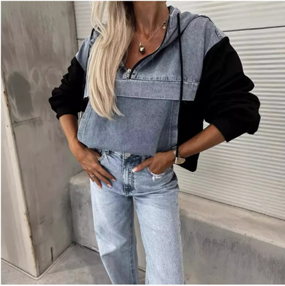 Women's Layered Hoodie Denim Jacket with Drawstring📣