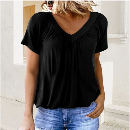 Women's Casual Pleated V-Neck Short-Sleeve Top