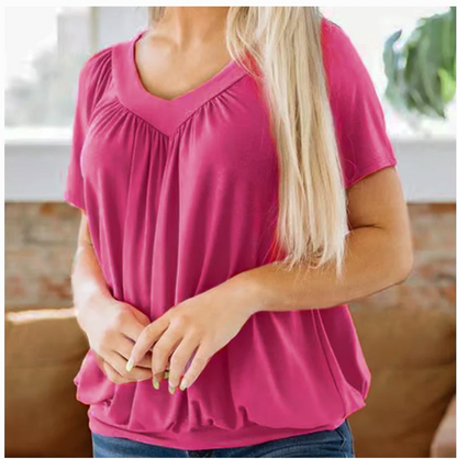 Women's Casual Pleated V-Neck Short-Sleeve Top