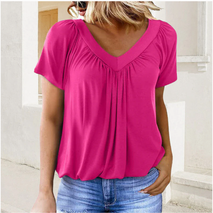 Women's Casual Pleated V-Neck Short-Sleeve Top