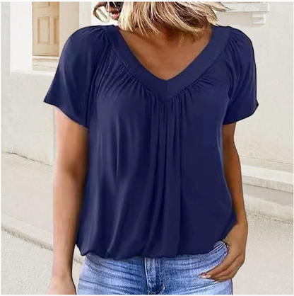 Women's Casual Pleated V-Neck Short-Sleeve Top