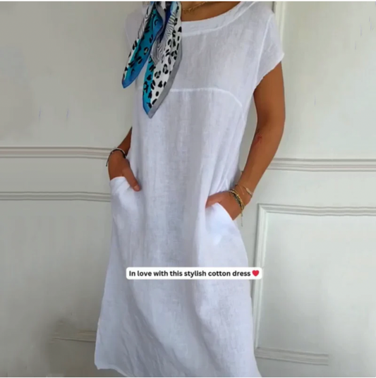 Women's Round Neck Short Sleeve Cotton Linen Dress