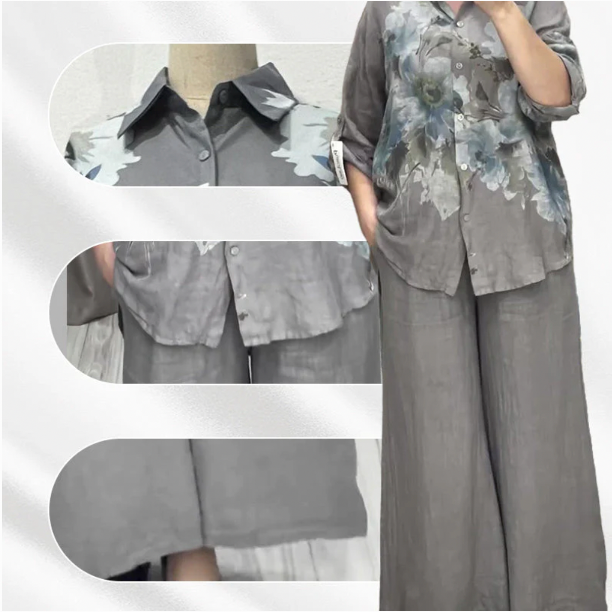 Women's Elegant Floral Print Blouse and Wide Leg Trousers Set