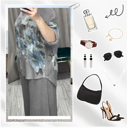 Women's Elegant Floral Print Blouse and Wide Leg Trousers Set