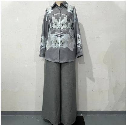 Women's Elegant Floral Print Blouse and Wide Leg Trousers Set