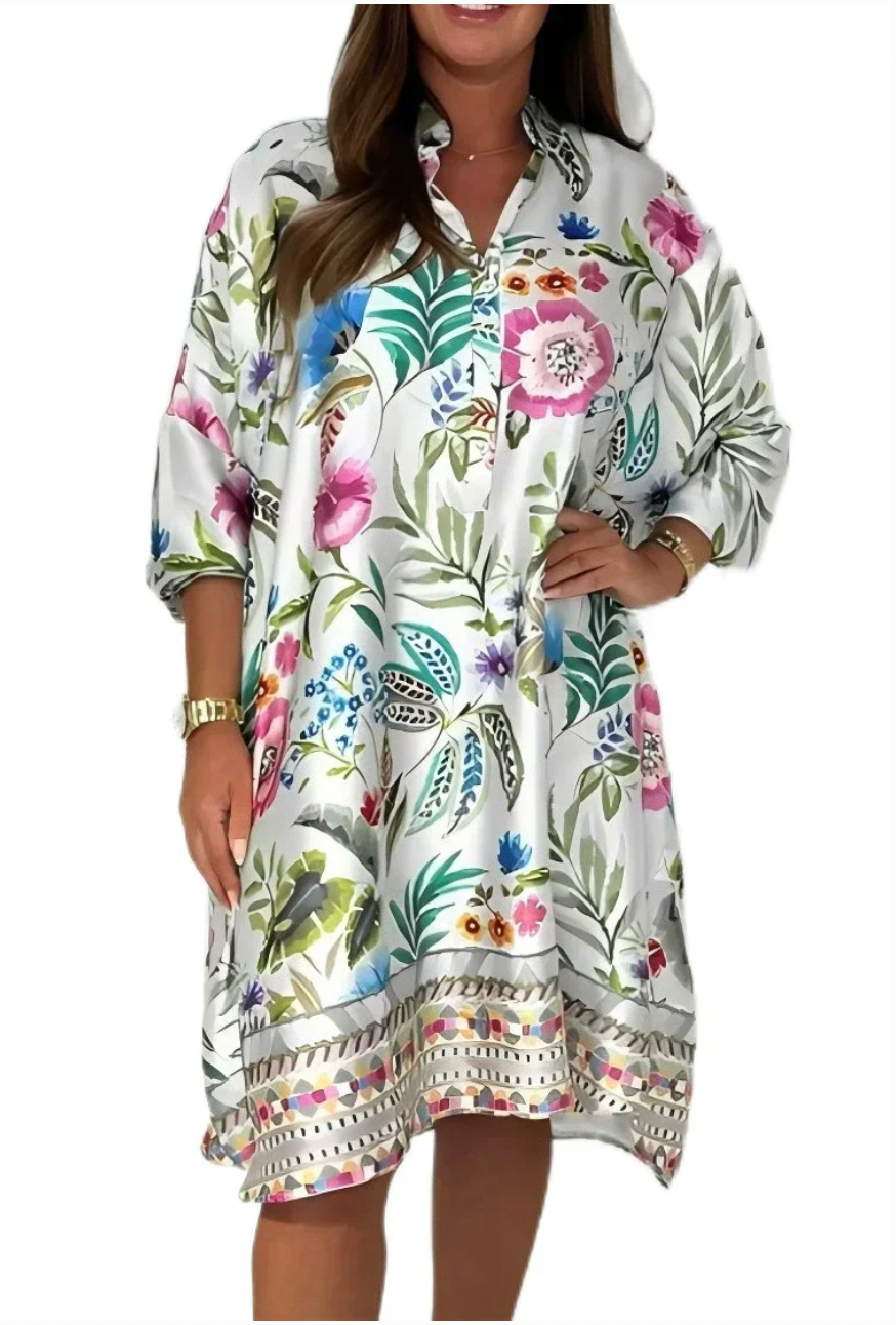 Loose dress with V-neck and half button placket with floral pattern