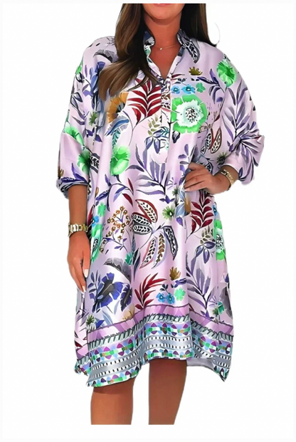 Loose dress with V-neck and half button placket with floral pattern