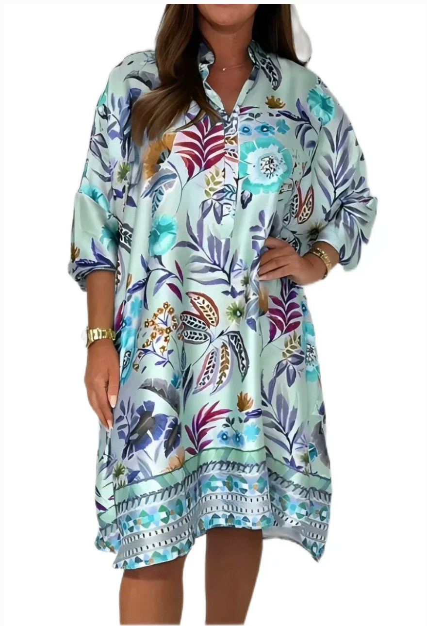 Loose dress with V-neck and half button placket with floral pattern