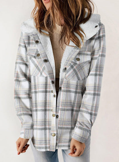 Women's Fall Thickened Flannel Long Sleeve Plaid Jacket Coat with Hood