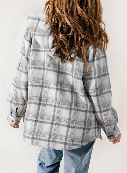 Women's Fall Thickened Flannel Long Sleeve Plaid Jacket Coat with Hood
