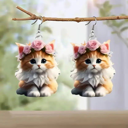 🌸 Charming Pink Umbrella Floral Kittens Art Dangle Earrings