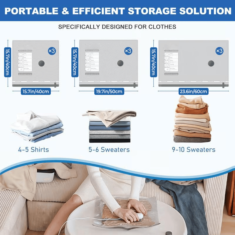 9 Pack Lightweight Travel Bags with USB Electric Pump | Compact Vacuum Storage Bags for Clothes | Space Saver Compression Bags for Travel