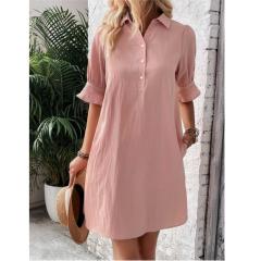 Limited time sale🔥 Womens Casual Shirt Dress Ruffle Sleeve Solid Color Button Down