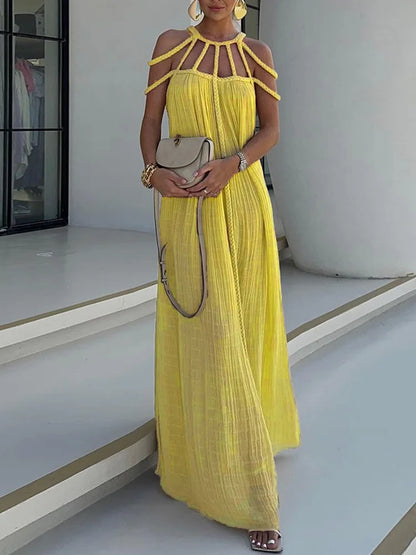 Modern and Sophisticated Linen Blend Draped Braids Cover Up Maxi Dress