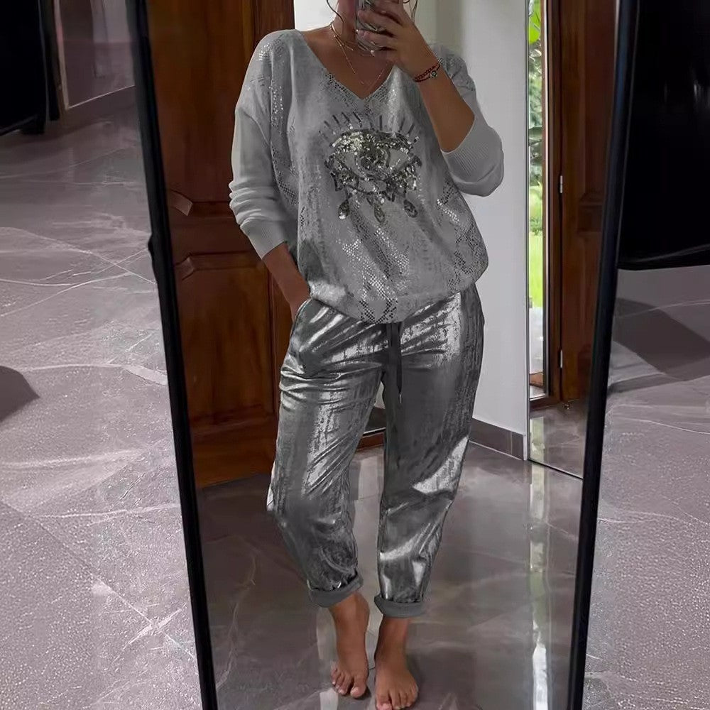 ✨Gold Shining Eye Print 2-piece suit: Blouse and trousers