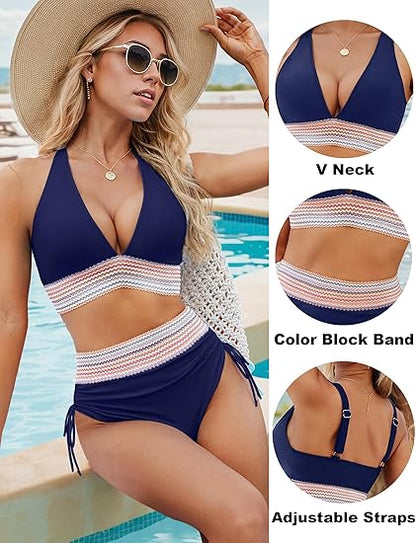 🎁Last Day 49% Off - 2025 High Waisted Tummy Control Color Block Bikini Sets