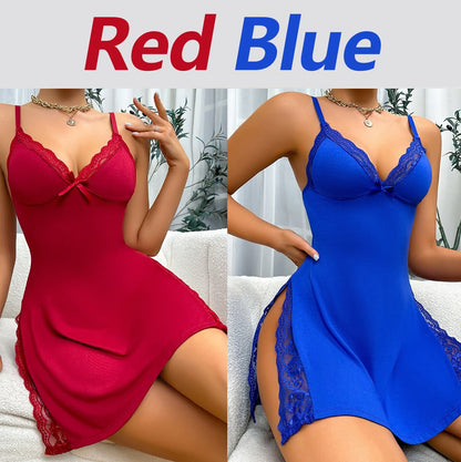 🎉Christmas Big Sale🎄- Lace Trim Slit Bowknot Decor Sleep Dress