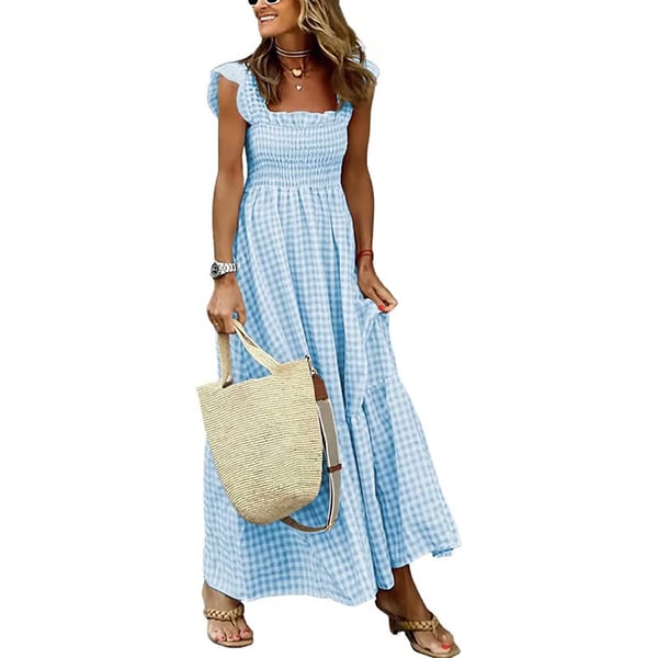 ✨Women's Retro Plaid Smocked Dress Spaghetti Strap Flounce Long Dress