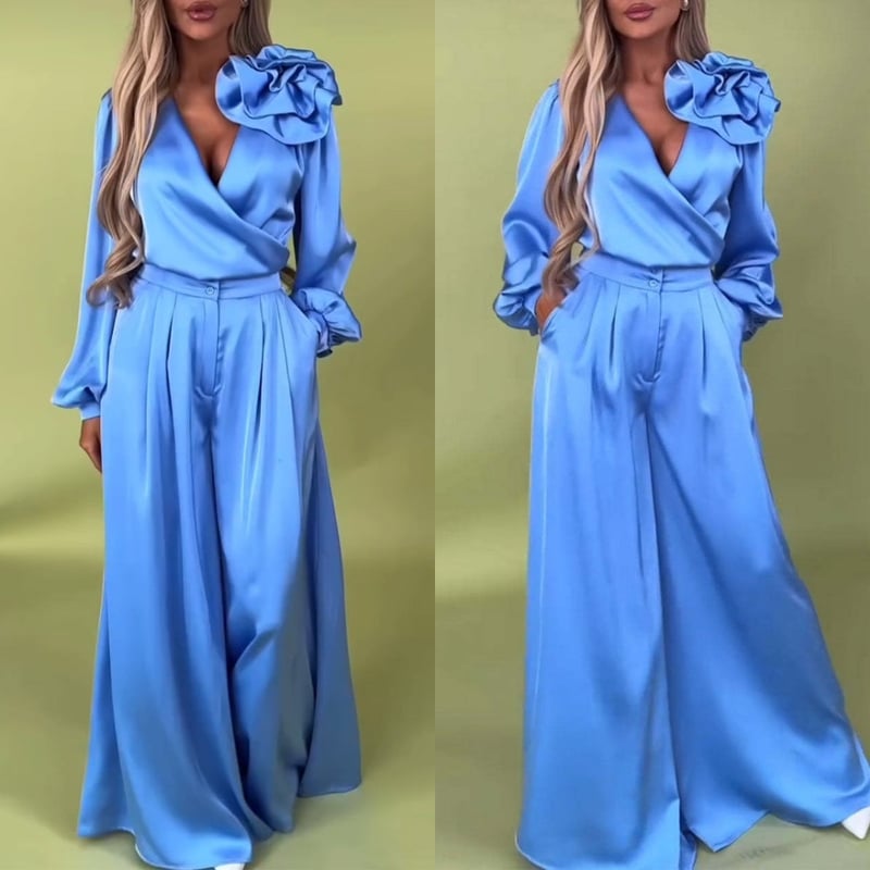 🌸NEW HOT SALE✨Effortless Elegance!💃Women’s V-Neck Top & Wide-Leg Pants 2-Piece Set – Chic & Comfortable!🌸