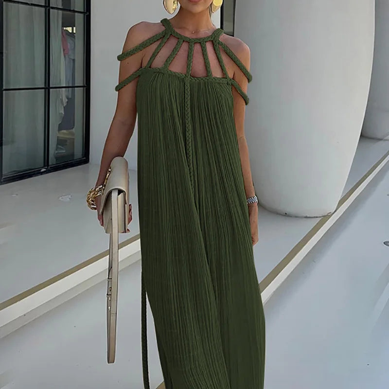 Modern and Sophisticated Linen Blend Draped Braids Cover Up Maxi Dress