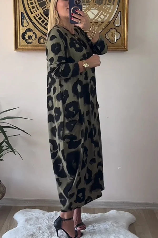 Leopard print Crew Neck Long Sleeve Dress