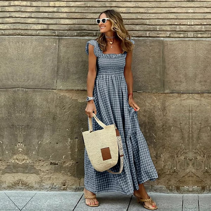 ✨Women's Retro Plaid Smocked Dress Spaghetti Strap Flounce Long Dress