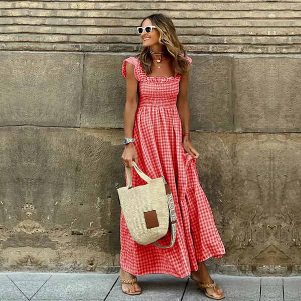 ✨Women's Retro Plaid Smocked Dress Spaghetti Strap Flounce Long Dress