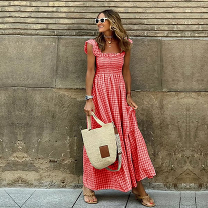 ✨Women's Retro Plaid Smocked Dress Spaghetti Strap Flounce Long Dress