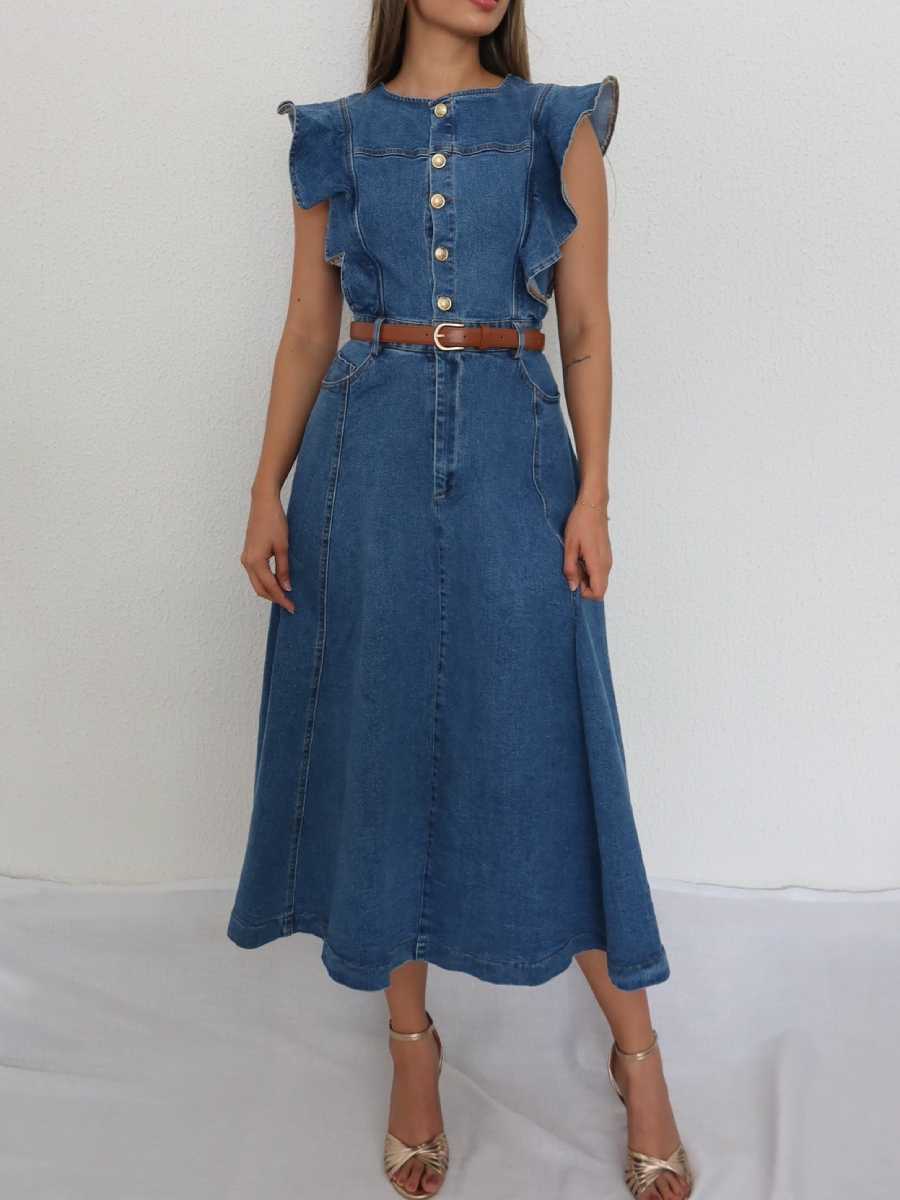 Women's Ruffle Trim Denim Midi Dress