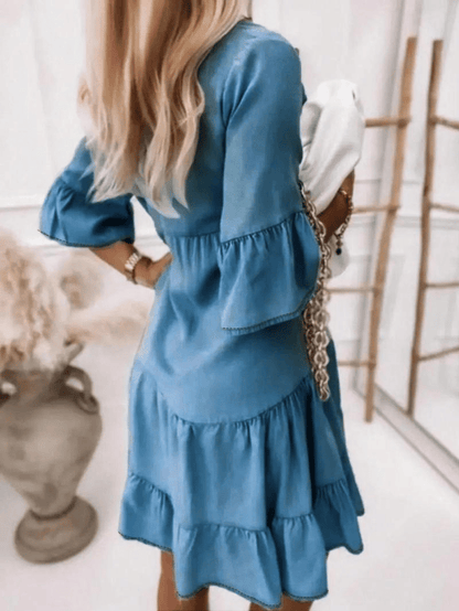 👗V-Neck Ruffle Trim Summer Dress – Lightweight Denim Look