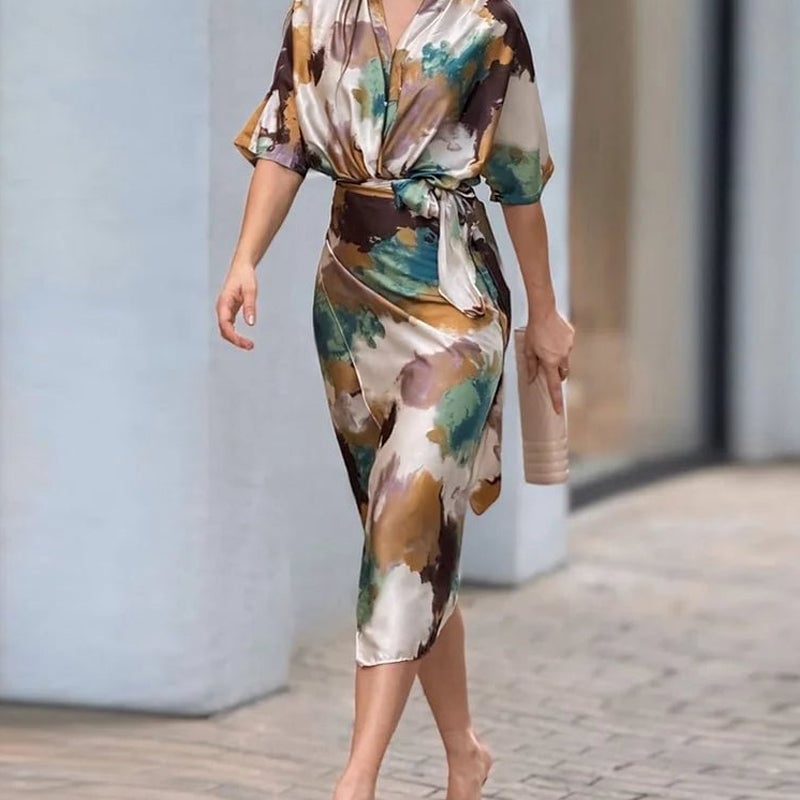 Women's Elegant Satin Abstract Print Wrap Dress