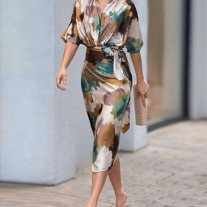 Women's Elegant Satin Abstract Print Wrap Dress