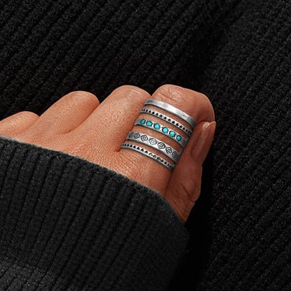 Sterling Silver Bohemian Openwork Carved Turquoise Ring