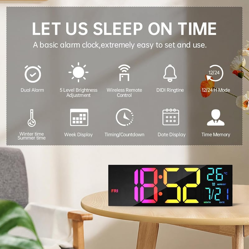 8.67''/16" Digital Wall Clock with RGB Color Changing Remote Control