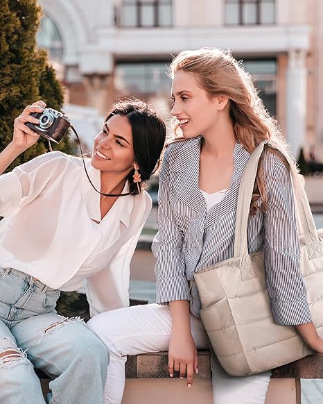🎁Last Day Promotion 60% OFF-👜BAGSMART Tote Bag for Women, Lightweight Puffy Tote Bag with Compartments, Quilted Shoulder Bag Handbag for Travel, Work