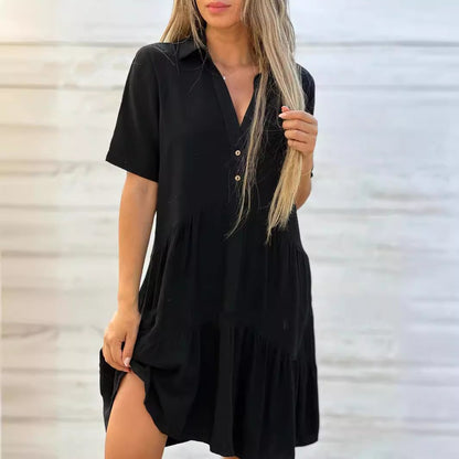 Solid color comfort lapel button dress