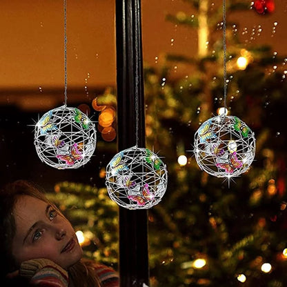 Solar Lighted Hanging Mesh Orb with Colorful Butterflies