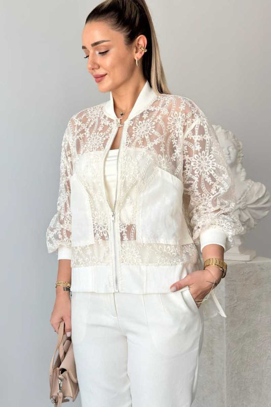 Romantic Sheer Lace Bomber Jacket with Balloon Sleeves