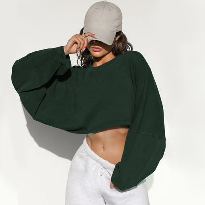 Women Long Sleeve Cropped Sweatshirt Oversized Crew Neck Workout Tops