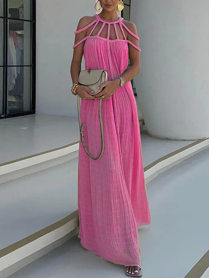 Modern and Sophisticated Linen Blend Draped Braids Cover Up Maxi Dress