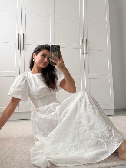 Princess White Lace Puff Sleeve Dress