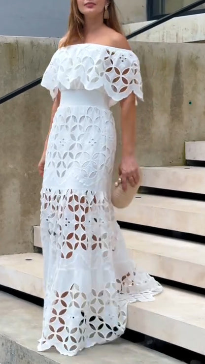 Women's Elegant Eyelet Maxi Dress - Off-the-Shoulder Design, Tiered Skirt, and Intricate Cutout Detailing