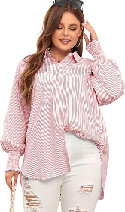 🎁Last Day Sale 50% OFF🏆️Mid-length smocked shirt with striped lapel and oversized drawdown sleeves