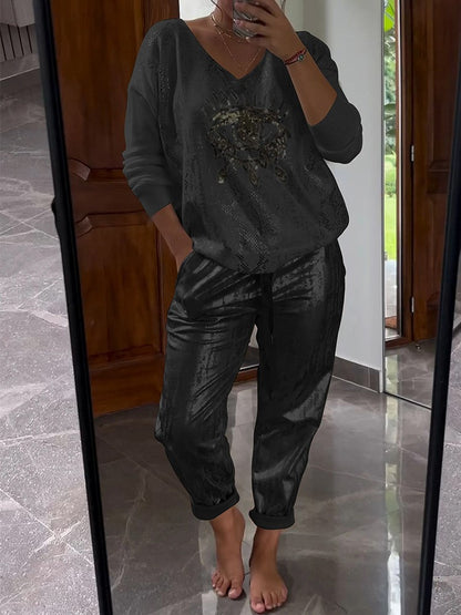 ✨Gold Shining Eye Print 2-piece suit: Blouse and trousers