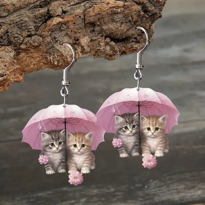 🌸 Charming Pink Umbrella Floral Kittens Art Dangle Earrings