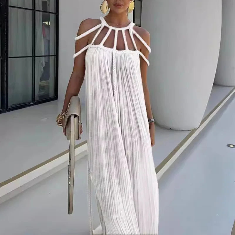 Modern and Sophisticated Linen Blend Draped Braids Cover Up Maxi Dress